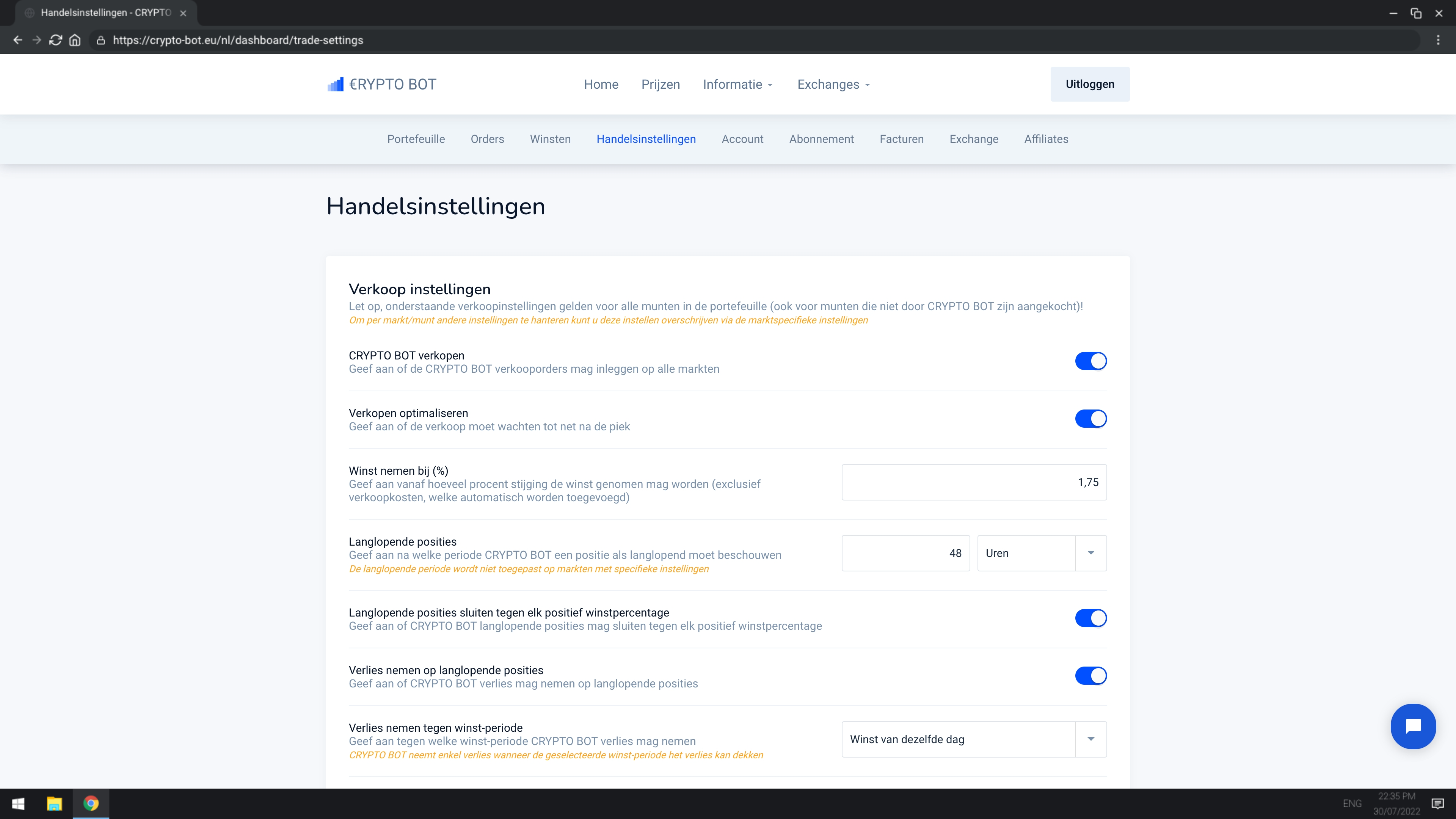 Handelsinstellingen crypto bot